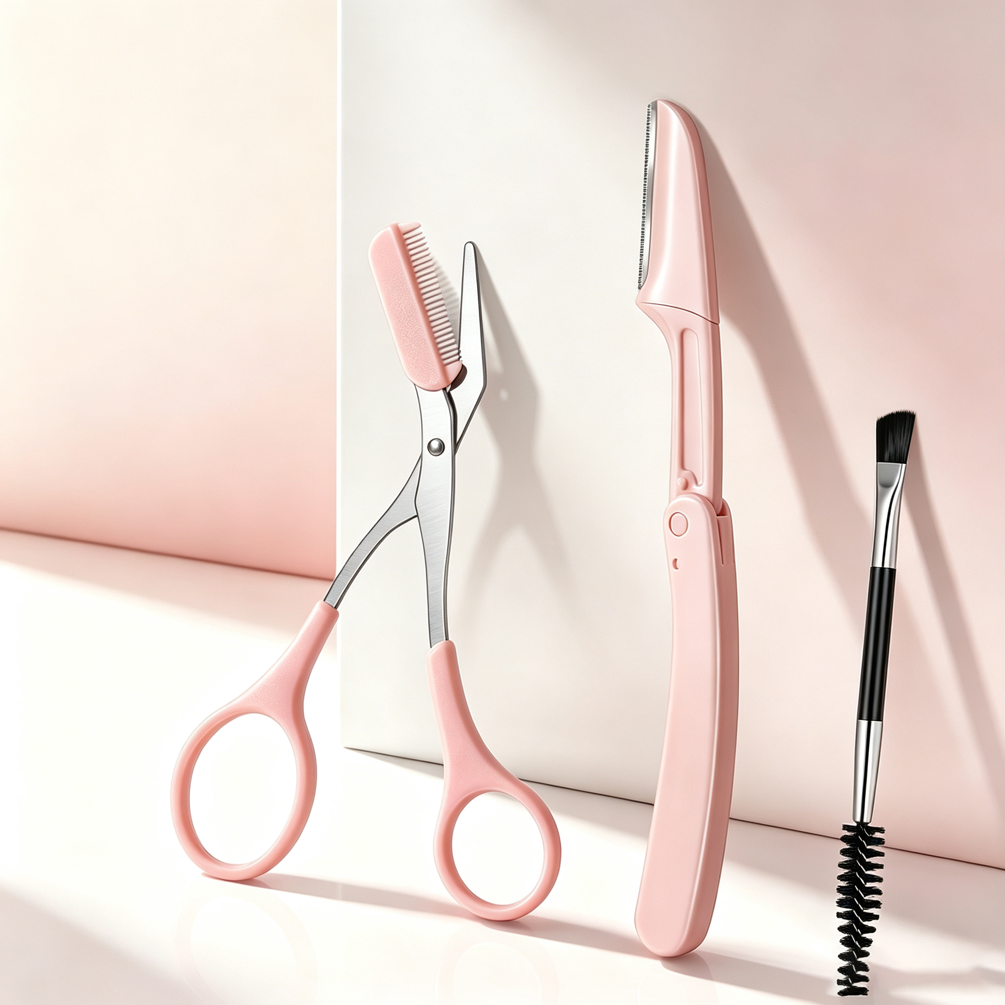Pink Eyebrow Grooming Kit - Comb Scissors + Safety Folding Trimmer + Dual-Ended Brush + Tweezers Set, Beginner-Friendly / Scratch-Proof / Portable Storage