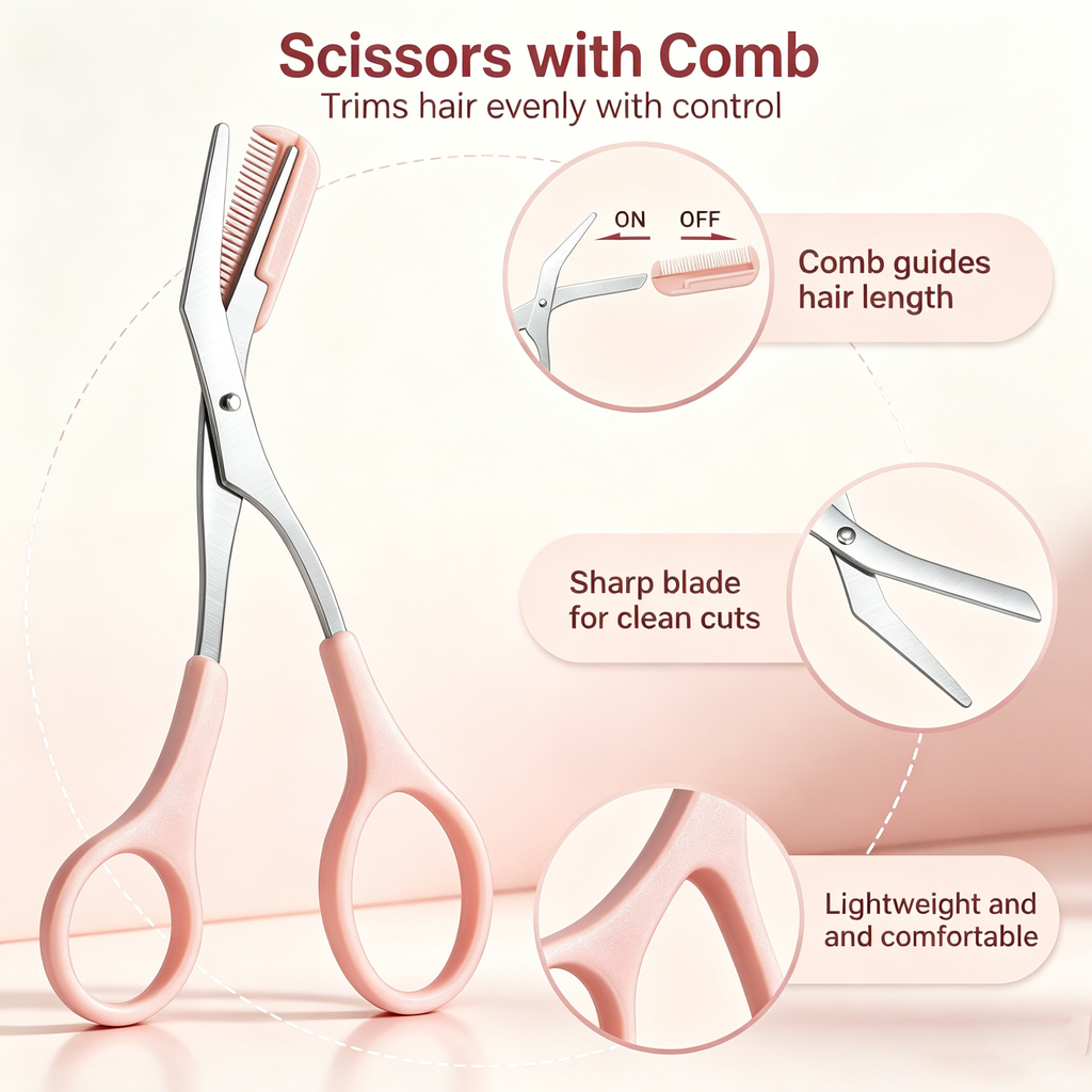 Pink Eyebrow Grooming Kit - Comb Scissors + Safety Folding Trimmer + Dual-Ended Brush + Tweezers Set, Beginner-Friendly / Scratch-Proof / Portable Storage