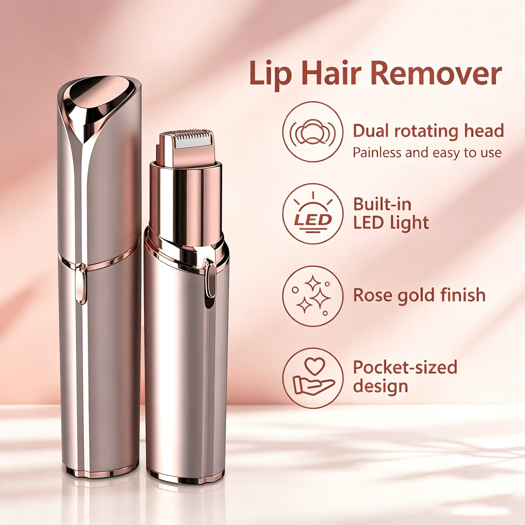 Lipstick-Style Electric Hair Remover - Dual Rotating Heads + LED Light + Rose Gold Portable Design, Painless Removal of Lip/Underarm/Facial Peach Fuzz