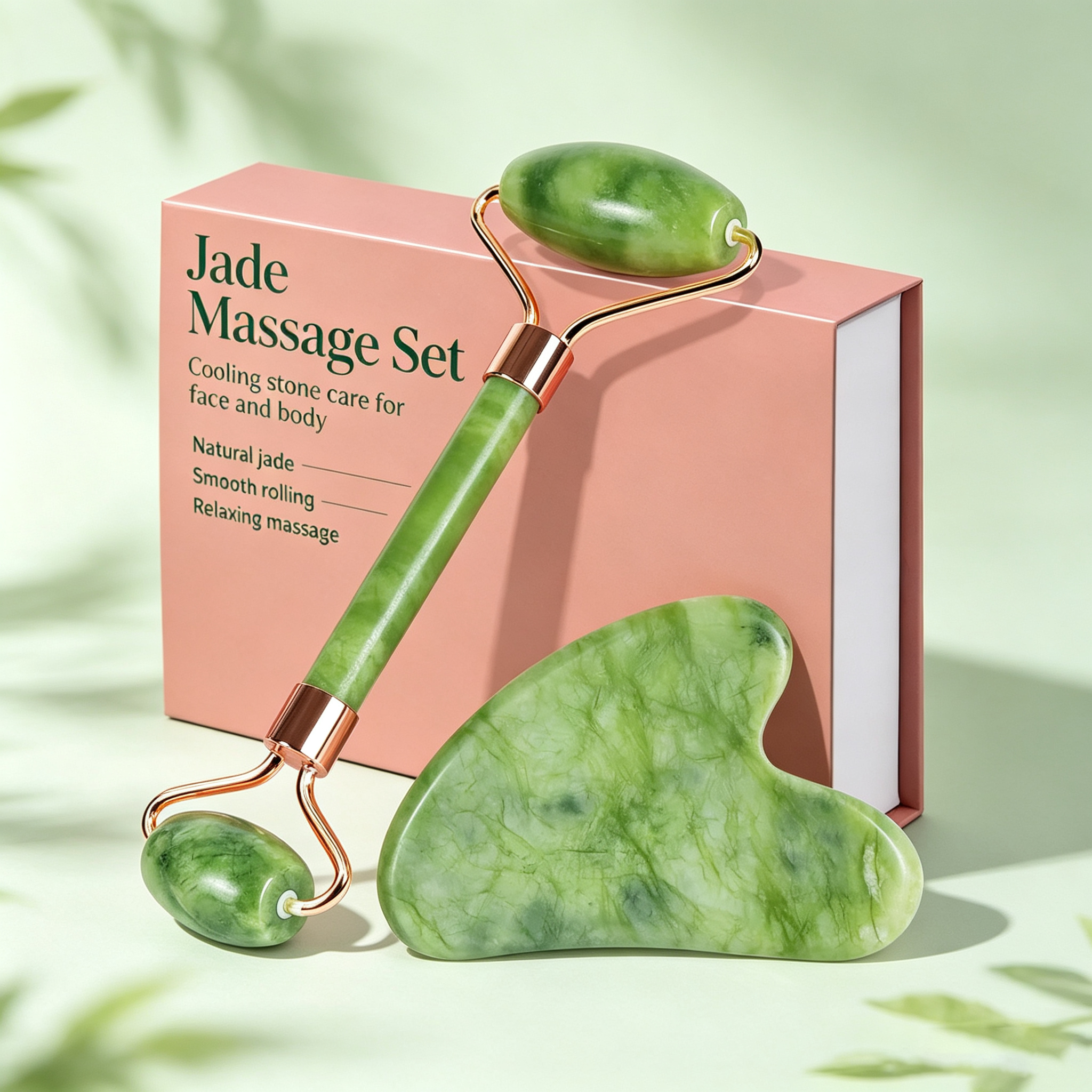 Natural Jade Massage Set – Dual Roller & Heart-Shaped Gua Sha Tool for Facial Lifting, Puffiness Relief & Meridian Stimulation