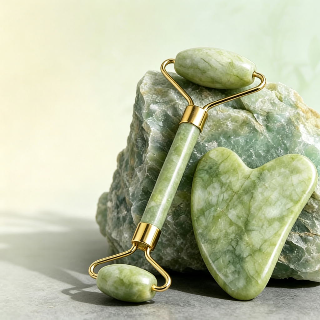 Natural Jade Massage Set – Dual Roller & Heart-Shaped Gua Sha Tool for Facial Lifting, Puffiness Relief & Meridian Stimulation