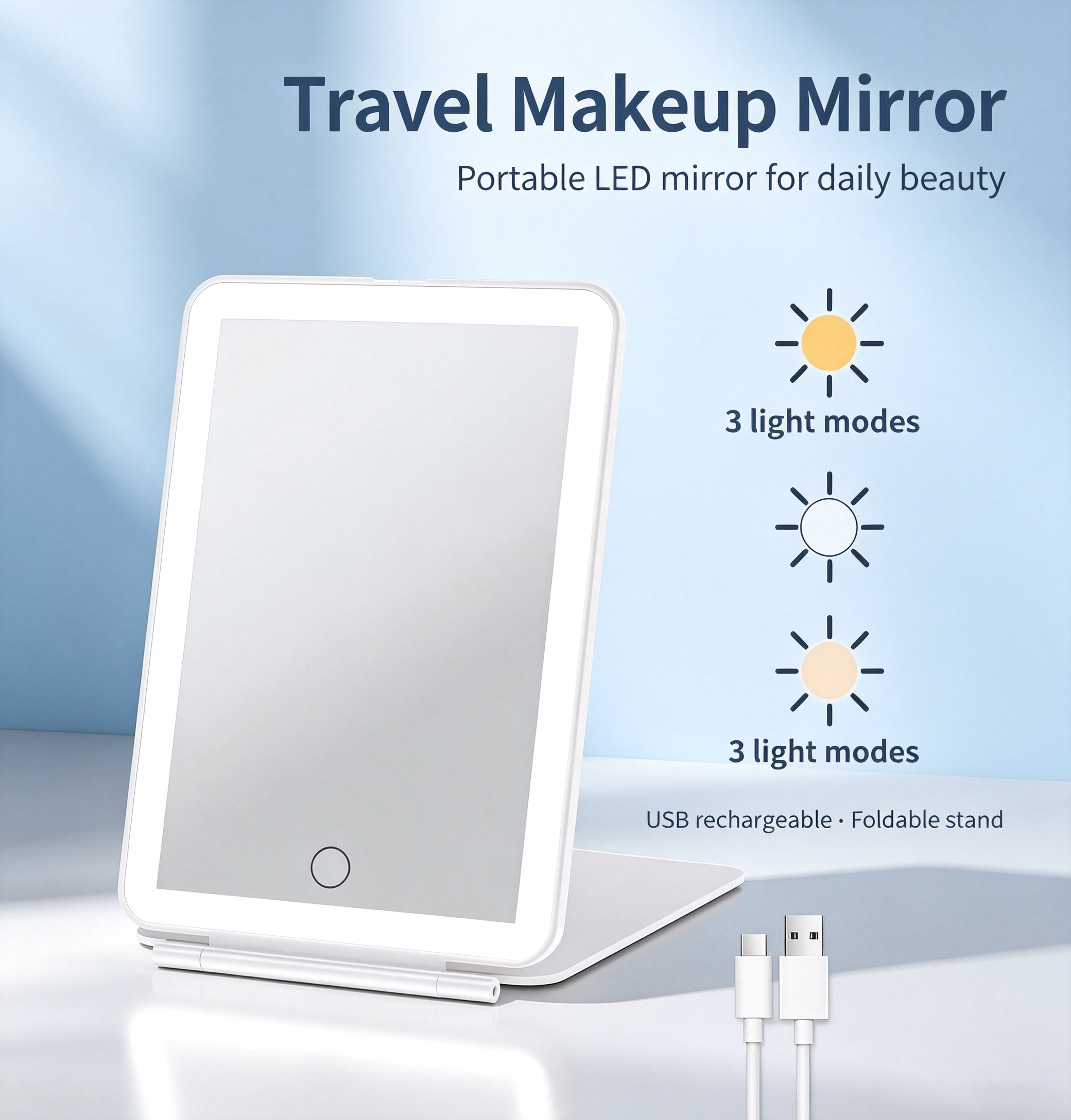 LED Portable Foldable Makeup Mirror - 3-Color Dimmable Lighting + USB Rechargeable + Foldable Stand, HD Illumination / Compact Storage / Smart Battery Indicator