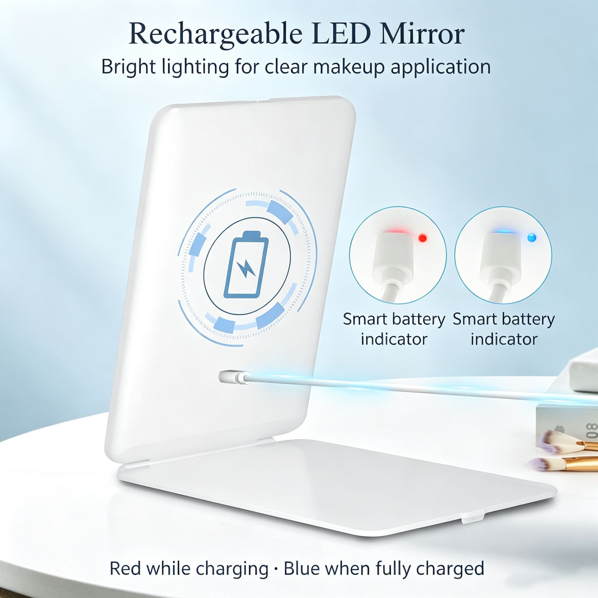 LED Portable Foldable Makeup Mirror - 3-Color Dimmable Lighting + USB Rechargeable + Foldable Stand, HD Illumination / Compact Storage / Smart Battery Indicator